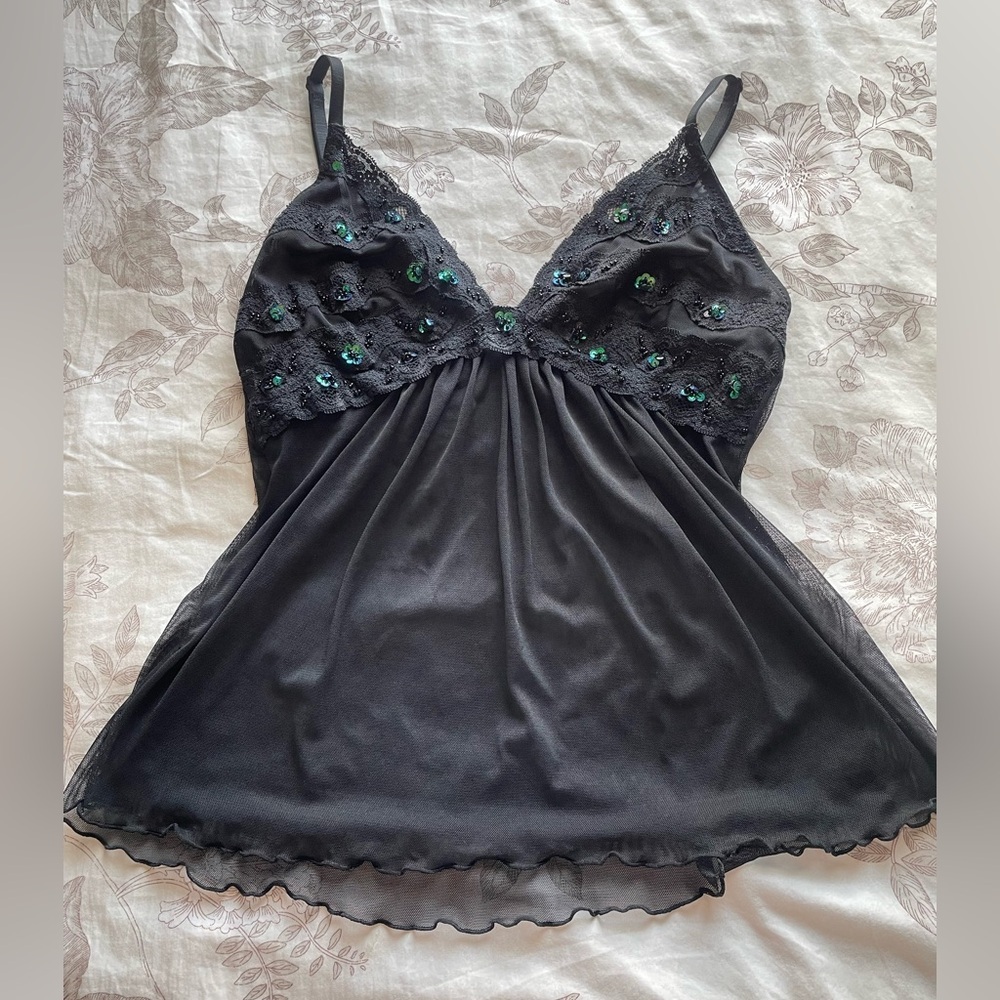 Y2K Black Sequin Sheer Mesh Babydoll Cami Top Medium Fairy‎ Grunge Whimsigoth
